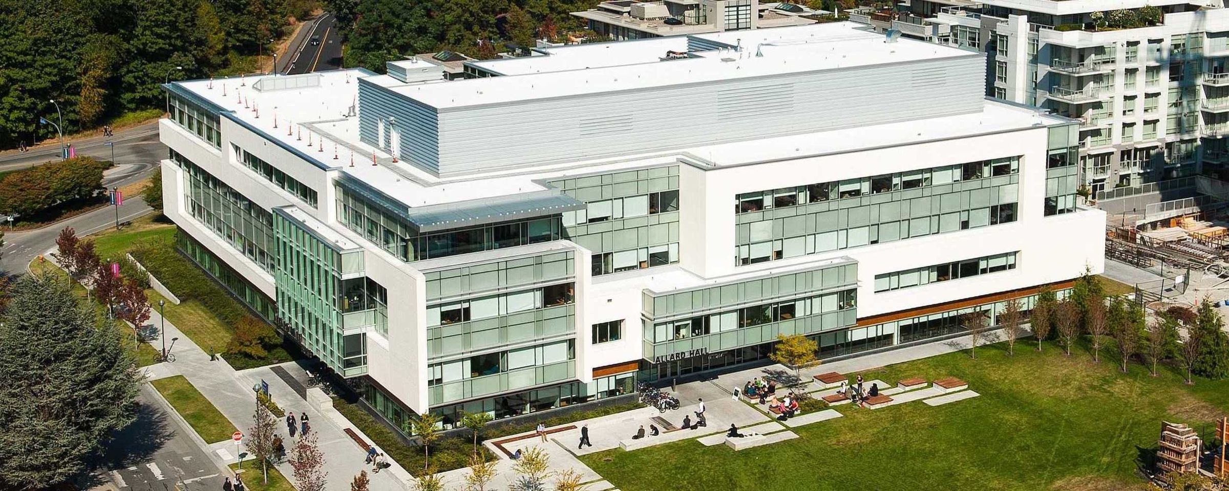 Aerial view of UBC Law at Allard Hall in Vancouver, British Columbia, Canada